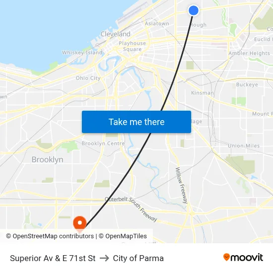 Superior Av & E 71st St to City of Parma map