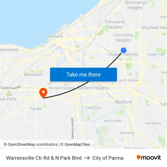 Warrensville Ctr Rd & N Park Blvd to City of Parma map