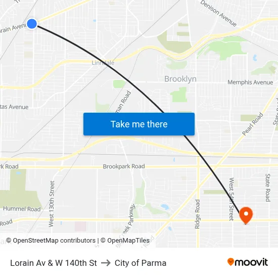 Lorain Av & W 140th St to City of Parma map