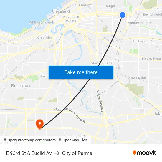 E 93rd St & Euclid Av to City of Parma map