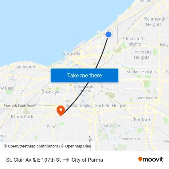 St. Clair Av & E 107th St to City of Parma map