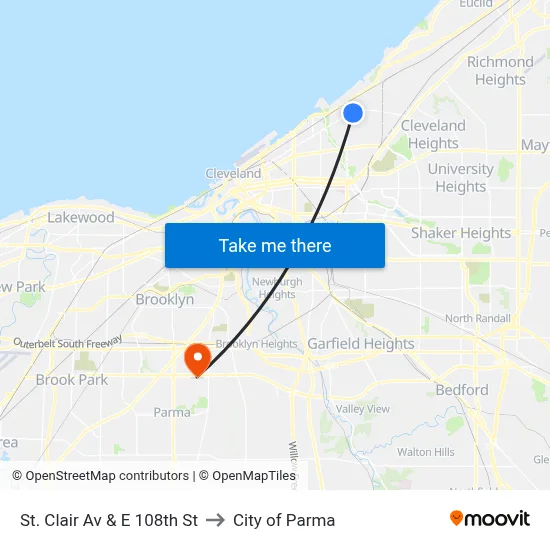 St. Clair Av & E 108th St to City of Parma map