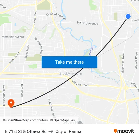 E 71st St & Ottawa Rd to City of Parma map