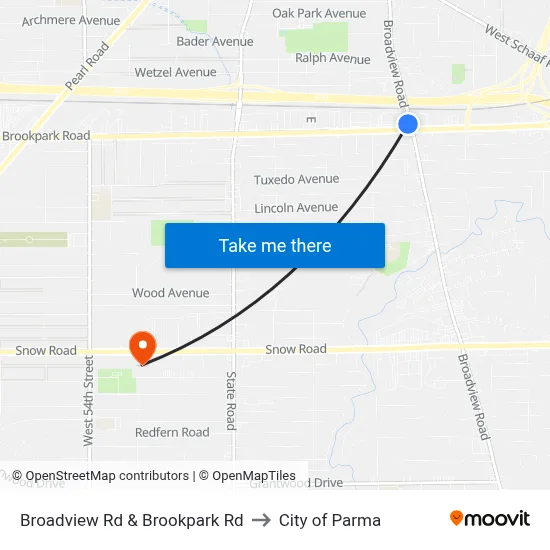 Broadview Rd & Brookpark Rd to City of Parma map