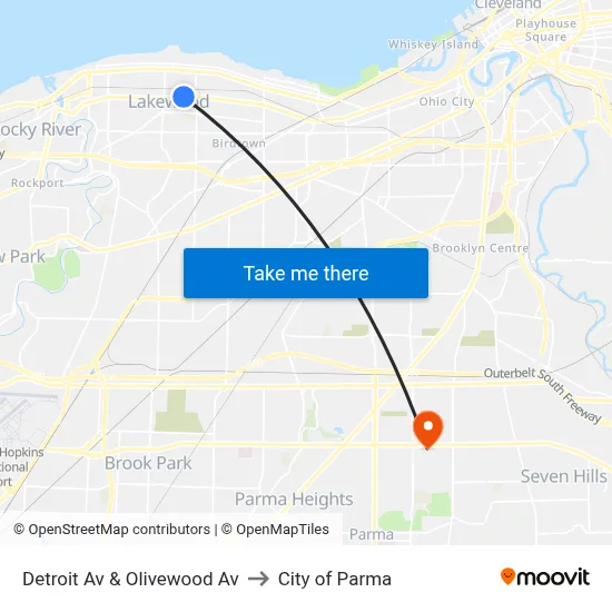 Detroit Av & Olivewood Av to City of Parma map