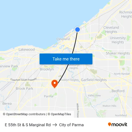 E 55th St & S Marginal Rd to City of Parma map