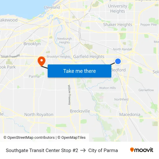 Southgate Transit Center Stop #2 to City of Parma map