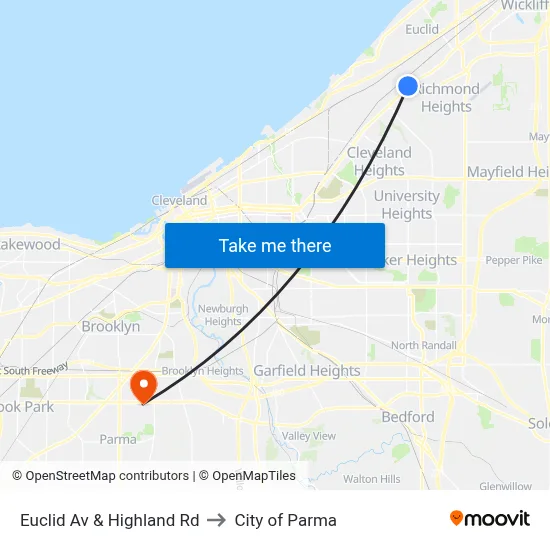 Euclid Av & Highland Rd to City of Parma map