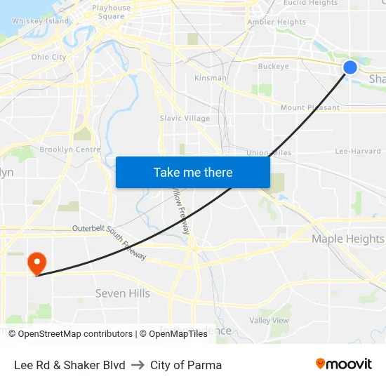 Lee Rd & Shaker Blvd to City of Parma map