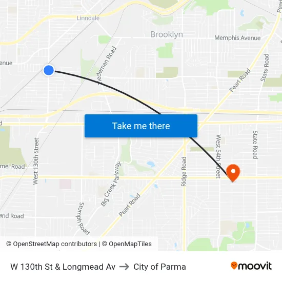 W 130th St & Longmead Av to City of Parma map