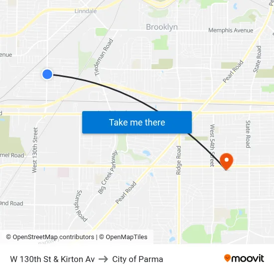 W 130th St & Kirton Av to City of Parma map