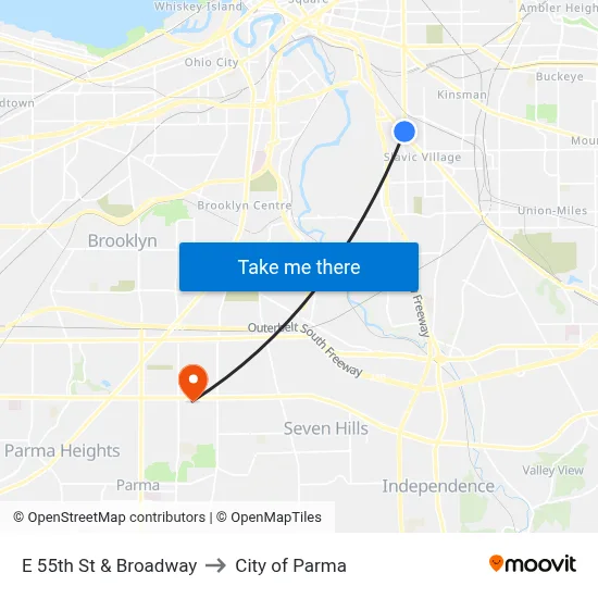 E 55th St & Broadway to City of Parma map