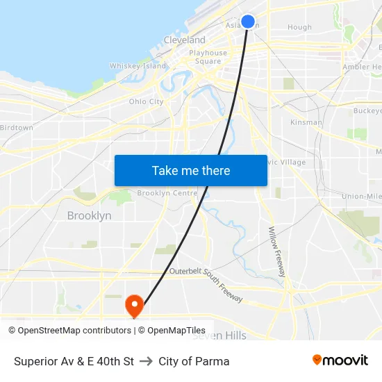 Superior Av & E 40th St to City of Parma map