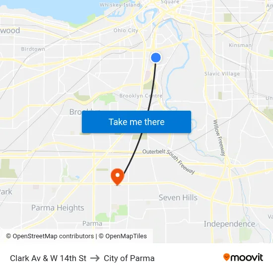 Clark Av & W 14th St to City of Parma map