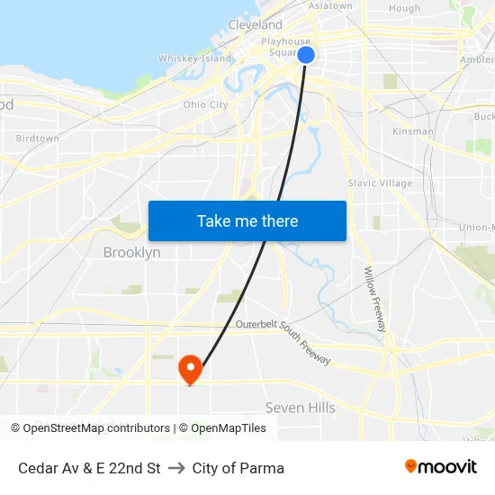 Cedar Av & E 22nd St to City of Parma map