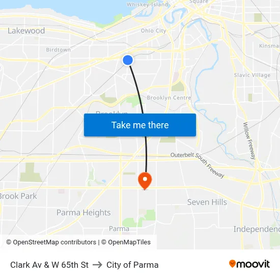 Clark Av & W 65th St to City of Parma map