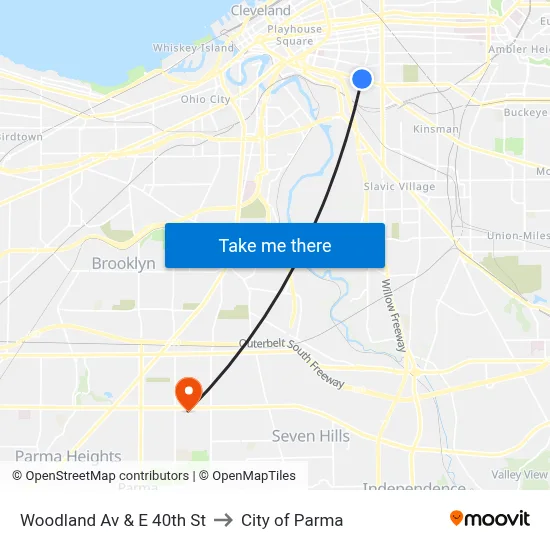 Woodland Av & E 40th St to City of Parma map