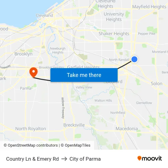 Country Ln & Emery Rd to City of Parma map