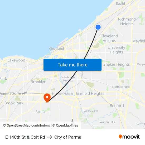 E 140th St & Coit Rd to City of Parma map