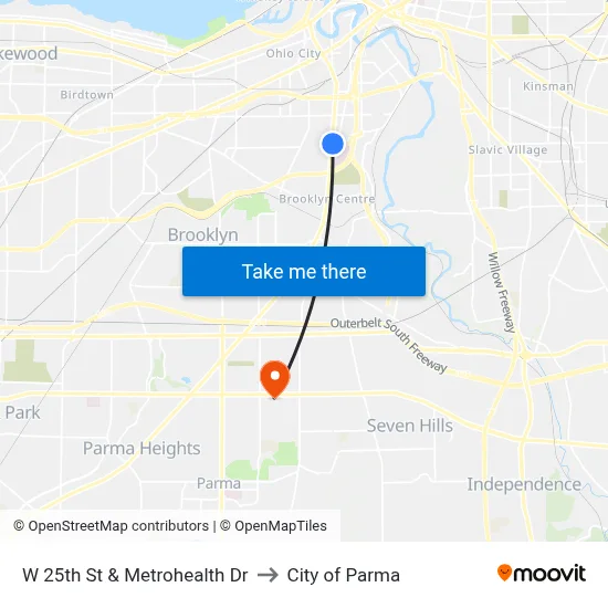 W 25th St & Metrohealth Dr to City of Parma map