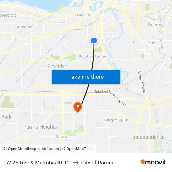 W 25th St & Metrohealth Dr to City of Parma map