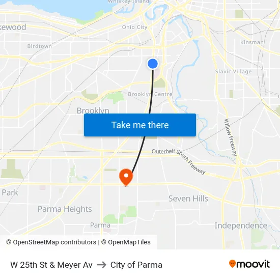 W 25th St & Meyer Av to City of Parma map