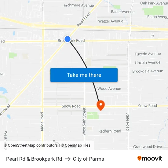 Pearl Rd & Brookpark Rd to City of Parma map