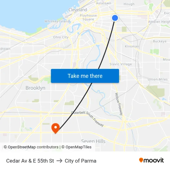 Cedar Av & E 55th St to City of Parma map