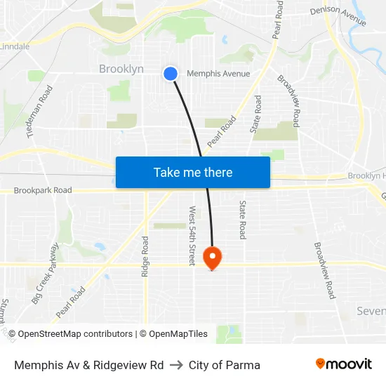 Memphis Av & Ridgeview Rd to City of Parma map