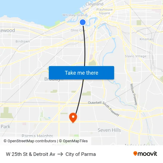 W 25th St & Detroit Av to City of Parma map