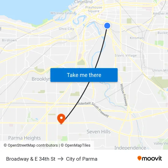 Broadway & E 34th St to City of Parma map