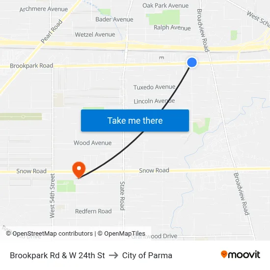 Brookpark Rd & W 24th St to City of Parma map
