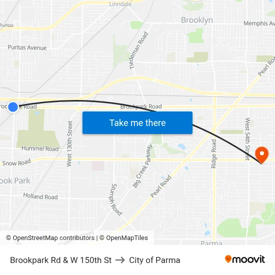Brookpark Rd & W 150th St to City of Parma map