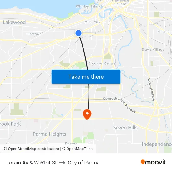 Lorain Av & W 61st St to City of Parma map