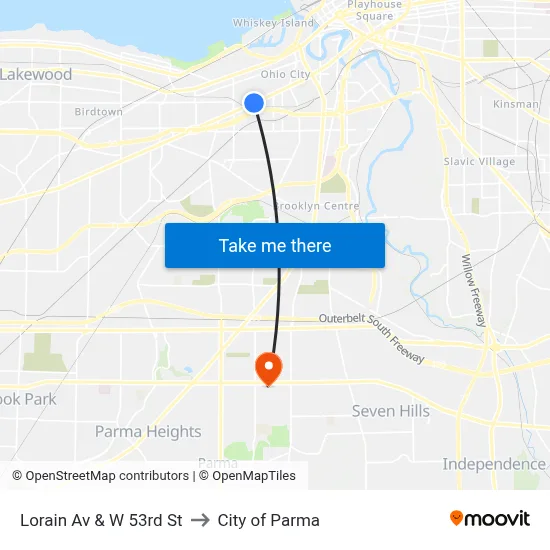 Lorain Av & W 53rd St to City of Parma map
