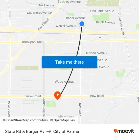 State Rd & Burger Av to City of Parma map