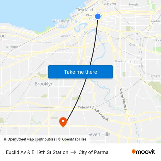 Euclid Av & E 19th St Station to City of Parma map