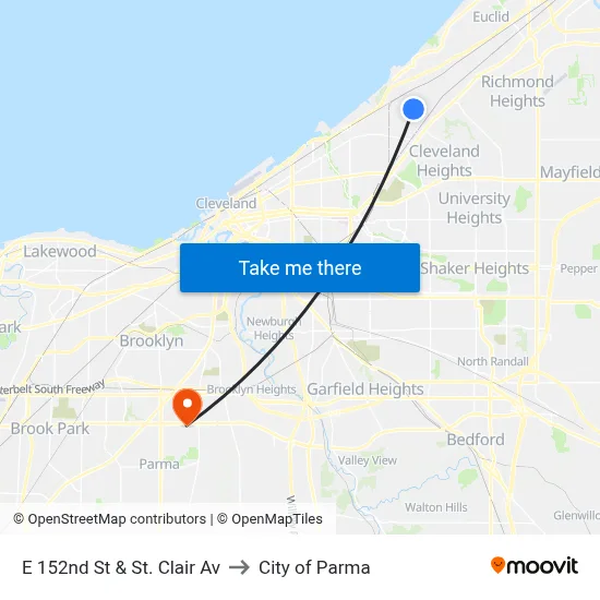 E 152nd St & St. Clair Av to City of Parma map