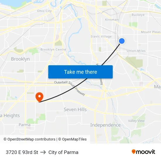 3720 E 93rd St to City of Parma map