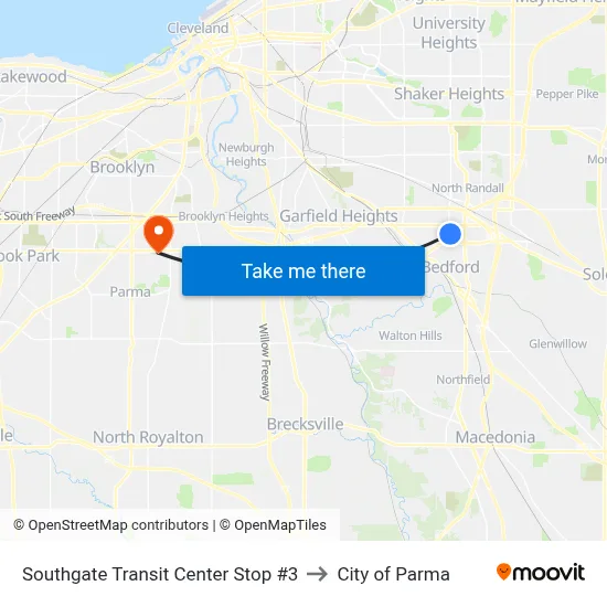 Southgate Transit Center Stop #3 to City of Parma map