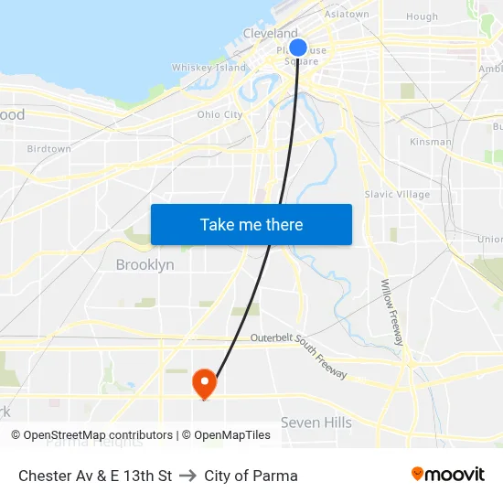 Chester Av & E 13th St to City of Parma map