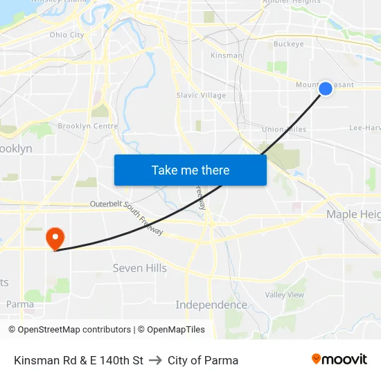 Kinsman Rd & E 140th St to City of Parma map