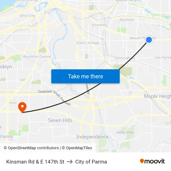 Kinsman Rd & E 147th St to City of Parma map