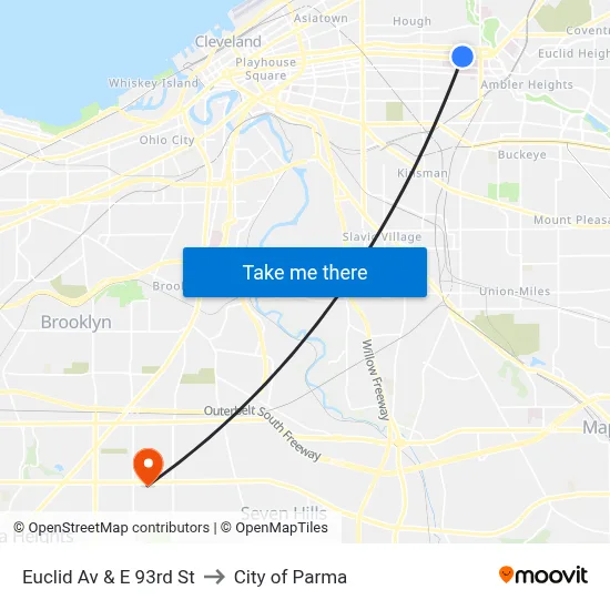 Euclid Av & E 93rd St to City of Parma map