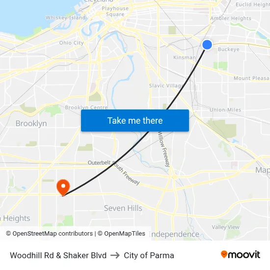 Woodhill Rd & Shaker Blvd to City of Parma map