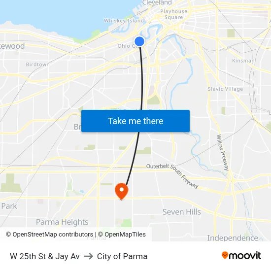 W 25th St & Jay Av to City of Parma map
