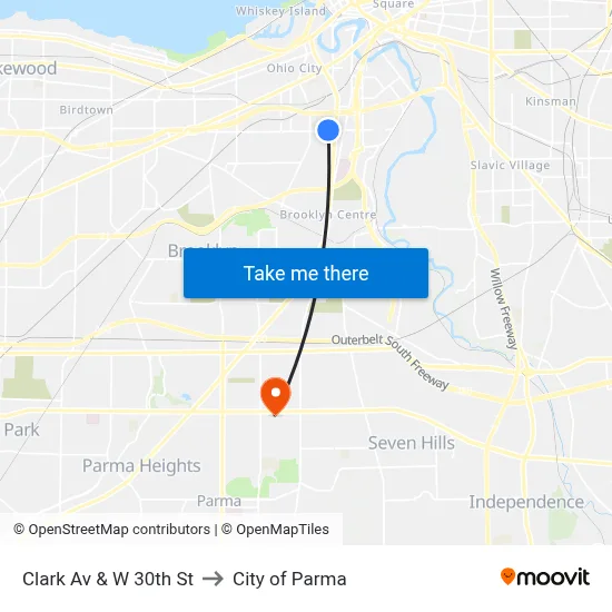 Clark Av & W 30th St to City of Parma map