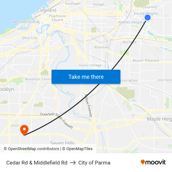 Cedar Rd & Middlefield Rd to City of Parma map