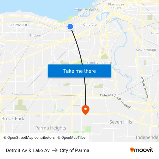 Detroit Av & Lake Av to City of Parma map