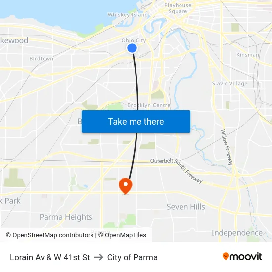 Lorain Av & W 41st St to City of Parma map